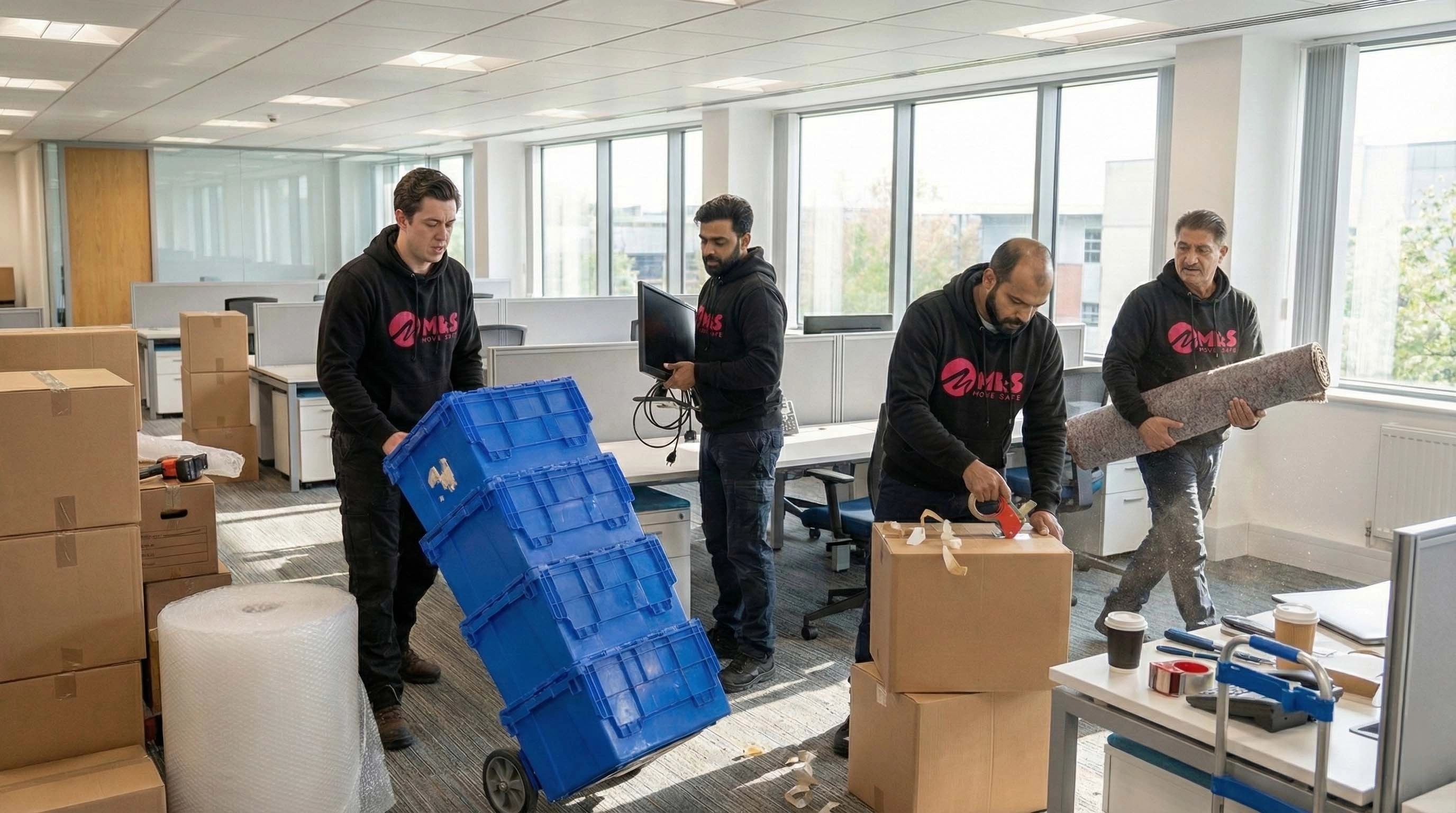 Professional movers handling office equipment during a house removals Liverpool relocation service