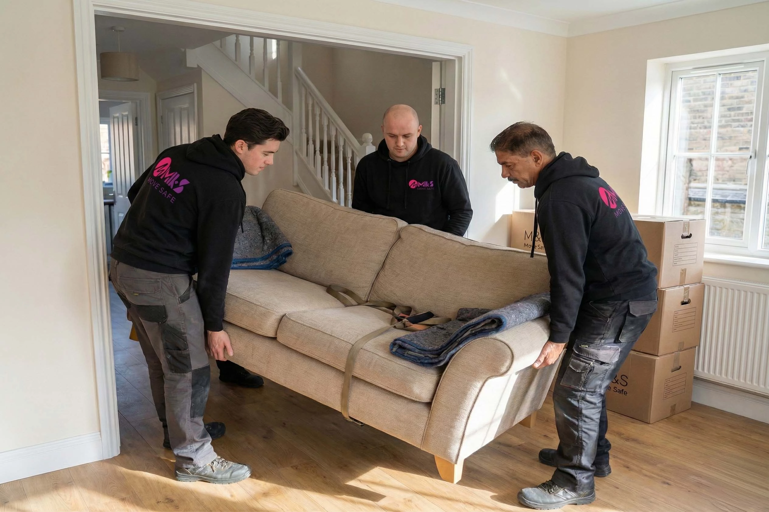 Professional removals Liverpool team carefully lifting a sofa during a house move