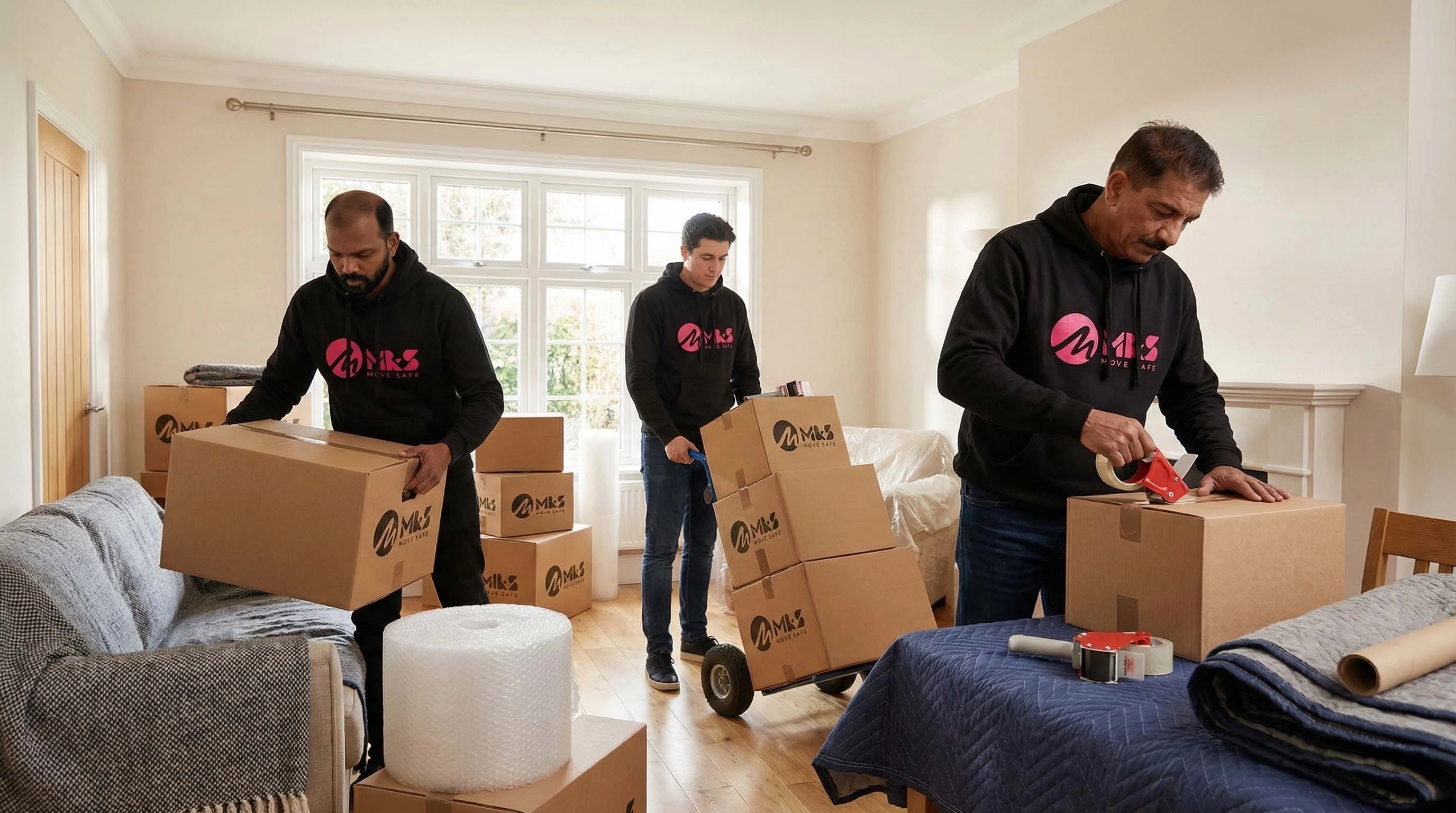 Removals Liverpool team packing household items and moving boxes inside a home